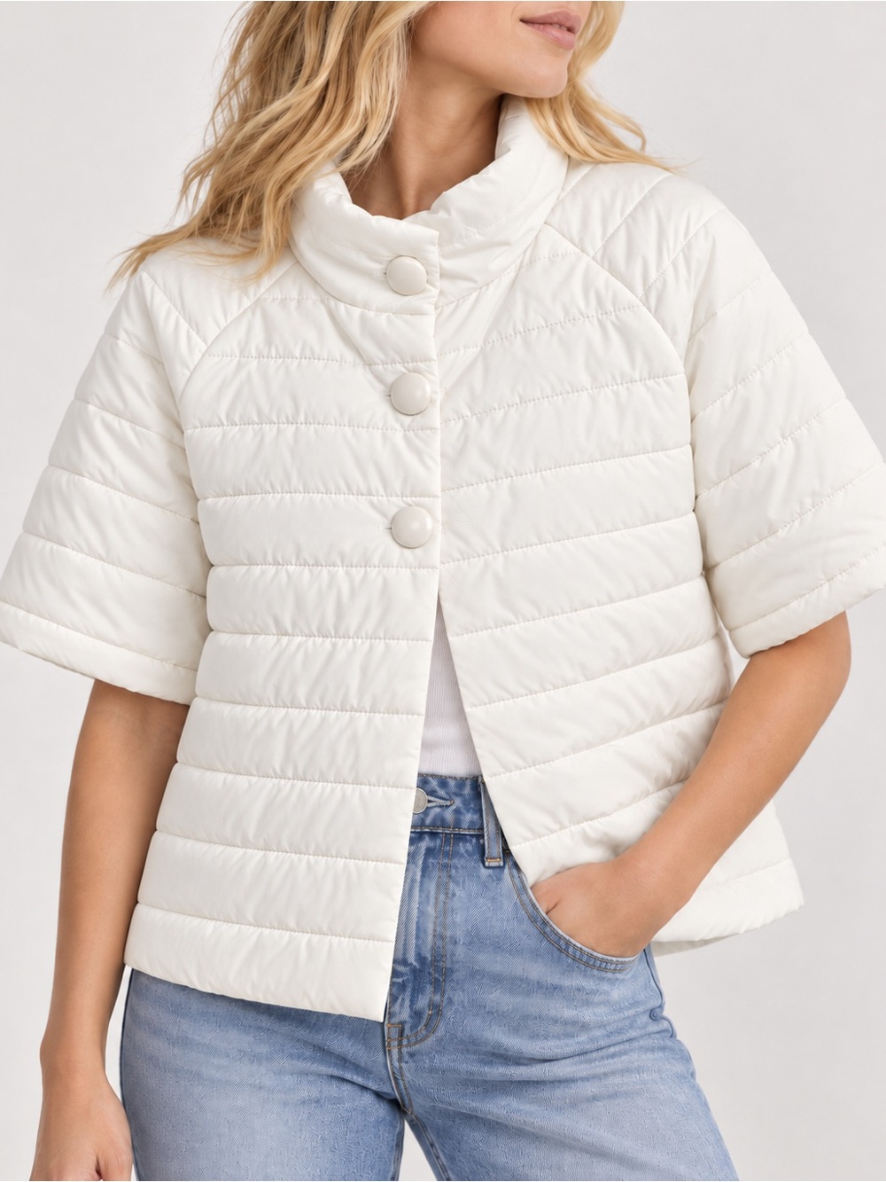 Italian Boutique Ivory Quilted Short Sleeve Cropped Puffer